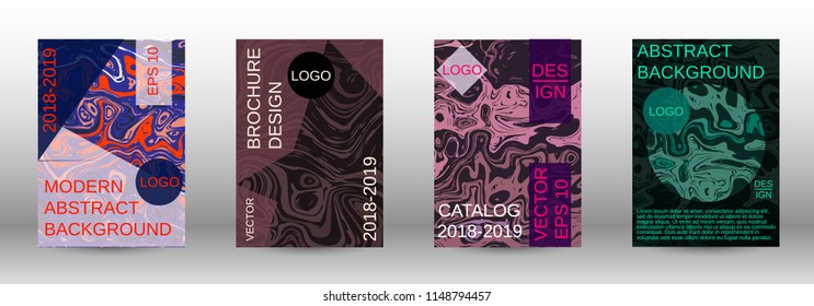 Marble texture covers set. Modern marble design with abstract lines. Creative fluid backgrounds from current forms to design a fashionable abstract cover, banner, poster, booklet. Vector illustration.
