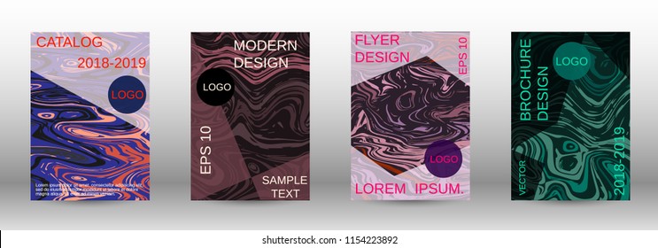 Marble texture covers set. Modern marble design with abstract lines. Creative fluid backgrounds from current forms to design a fashionable abstract cover, banner, poster, booklet. Vector illustration.