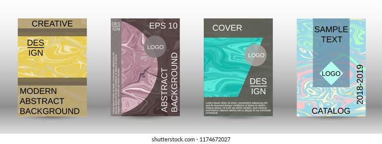Marble texture covers set. Modern marble design with abstract lines. Creative fluid backgrounds from current forms to design a fashionable abstract cover, banner, poster, booklet. Vector illustration.