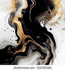 Marble texture design, colorful black gold marble surface, curved lines, bright abstract background design - Vector illustration