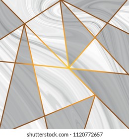 Marble texture design with golden metallic triangle line pattern. diamond shapes, golden glitter triangles, crystals. Vector illustration
