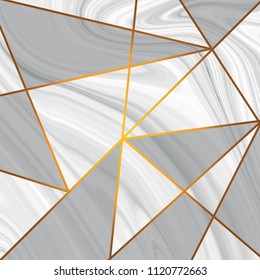 Marble texture design with golden metallic triangle line pattern. diamond shapes, golden glitter triangles, crystals. Vector illustration