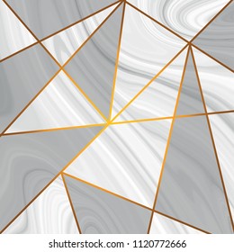 Marble texture design with golden metallic triangle line pattern. diamond shapes, golden glitter triangles, crystals. Vector illustration