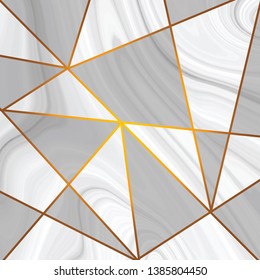 Marble texture design with golden metallic triangle line pattern. diamond shapes, golden glitter triangles, crystals. Vector illustration
