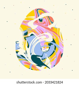Tarjeta de huevo de textura de mármol. Textura líquida Símbolo Happy Easter. Huevo pintado de color pastel ornamentado en el afiche de fondo de un punto de polka. Superficie de agua, olas, manchas, banner de manchas. Ilustración festiva del vector