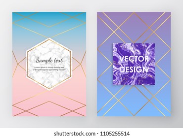 Marble texture with golden geometric lines on the colorful gradient backgrounds. Trendy design for flyer, invitation, card, banner, wedding, placard, poster, layout, brochure, party, birthday
