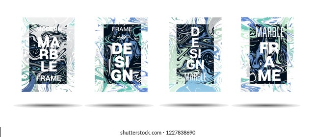 Marble Texture Motion Frame Vector Layout. Suminagashi Gleaming Liquid Paint Ad, Music Poster, Motivational Card, Cover Background. Abstract Marble Texture Layout with Text, Cool Gradient Border