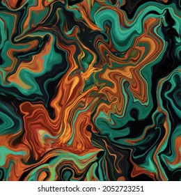 Marble texture seamless pattern. Black, brown, gold, green smoke, fire abstract background. Seamless liquid fluid. Ebru style effect. Aqua ink print .Vector