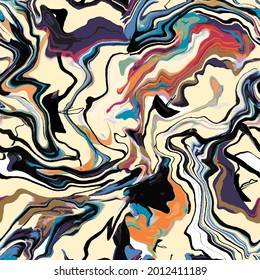 Marble texture seamless pattern. Purple, orange, black, byellow abstract background. Seamless liquid fluid. Ebru style effect. Aqua ink print .Vector