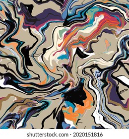 Marble texture seamless pattern. Purple, orange, black, beige abstract background. Seamless liquid fluid. Ebru style effect. Aqua ink print .Vector