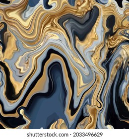 Marble Texture Seamless Pattern. Silver, Gold, Grey, Blue, Black Abstract Background. Seamless Liquid Fluid. Ebru Style Effect. Aqua Ink Print .Vector