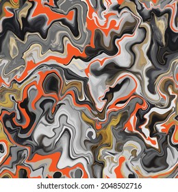 Marble texture seamless pattern. Silver, brown, gold, orange smoke abstract background. Seamless liquid fluid. Ebru style effect. Aqua ink print .Vector