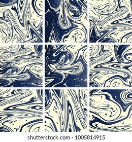 Marble Texture Set. Blue, Grey, Cream White Ink Wash Pattern. Japanese Suminagashi Painting. Asian Background. Acrylic Design, Marble Texture Background Set. Rich VIP Elegant Pattern
