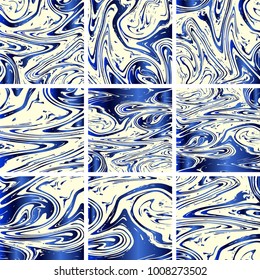 Marble Texture Set. Blue, Grey, Cream White Ink Wash Collection. Japanese Suminagashi Painting. Tradinitonal Crafts. Realistic Stone, Marble Texture Set. Retro Vintage Cool Pattern