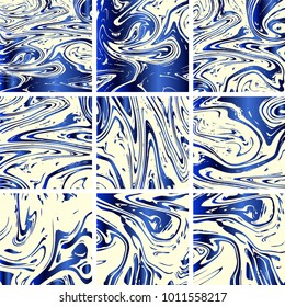 Marble Texture Set. Blue, Grey, Cream White Ink Wash Texture. Japanese Suminagashi Painting. Asian Background. Stone Design, Marble Texture Background Set. Glamour VIP Elegant Pattern
