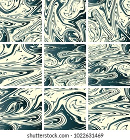 Marble Texture Set. Blue, Grey, Cream White Ink Wash Pattern. Japanese Suminagashi Painting. Watercolor Splashes. Realistic Stone, Marble Texture Set. Amazing Futuristic Pattern