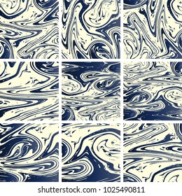Marble Texture Set. Blue, Grey, Cream White Ink Wash Pattern. Japanese Suminagashi Painting. Tradinitonal Crafts. Realistic Stone, Marble Texture Set. Rich VIP Elegant Pattern