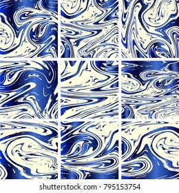 Marble Texture Set. Blue, Grey, Cream White Ink Wash Texture. Japanese Suminagashi Painting. Asian Background. Realistic Stone Design, Marble Texture Set. Rich VIP Elegant Pattern