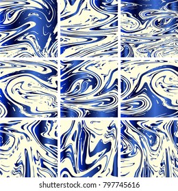 Marble Texture Set. Blue, Grey, Cream White Ink Wash Collection. Japanese Suminagashi Painting. Asian Background. Acrylic Design, Marble Texture Background Set. Amazing Futuristic Pattern