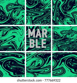 Marble Texture Set. Emerald Green, Black Ink Wash Pattern Collection. Japanese Suminagashi Painting. Tradinitonal Crafts. Acrylic Design, Marble Texture Background Set. Retro Vintage Cool Pattern