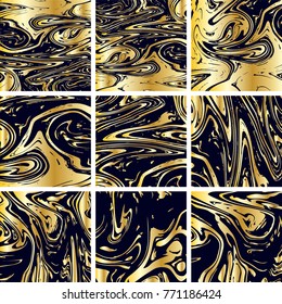Marble Texture Set. Gold, Black Ink Wash Texture. Japanese Suminagashi Painting. Asian Background. Realistic Stone Design, Marble Texture Set. Amazing Futuristic Pattern