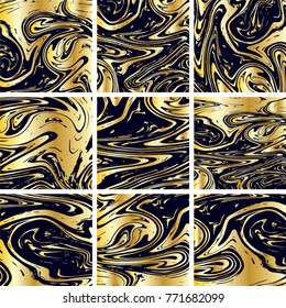 Marble Texture Set. Gold, Black Ink Wash Abstract Paint Collection. Japanese Suminagashi Painting. Watercolor Splashes. Acrylic Design, Marble Texture Background Set. Glamour VIP Elegant Pattern