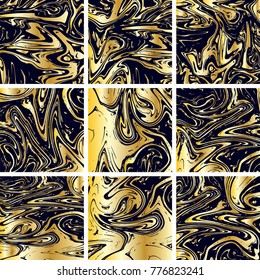 Marble Texture Set. Gold, Black Ink Wash Texture. Japanese Suminagashi Painting. Watercolor Splashes. Realistic Stone Design, Marble Texture Set. Amazing Futuristic Pattern
