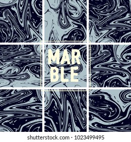 Marble Texture Set. Indigo Blue, Grey, Black Ink Wash Pattern. Japanese Suminagashi Painting. Watercolor Splashes. Realistic Stone, Marble Texture Set. Retro Vintage Cool Pattern