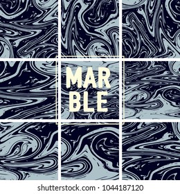 Marble Texture Set. Indigo Blue, Grey, Black Ink Wash Pattern. Japanese Suminagashi Painting. 