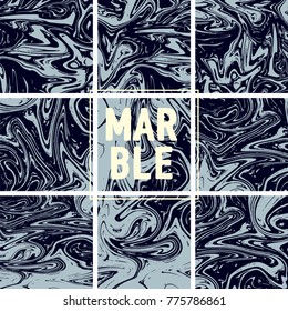 Marble Texture Set. Indigo Blue, Grey, Black Ink Wash Collection. Japanese Suminagashi Painting. Watercolor Splashes. Stone Design, Marble Texture Background Set. Glamour VIP Elegant Pattern