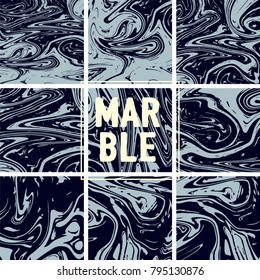 Marble Texture Set. Indigo Blue, Grey, Black Ink Wash Abstract Paint. Japanese Suminagashi Painting. Watercolor Splashes. Acrylic Design, Marble Texture Background Set. Rich VIP Elegant Pattern