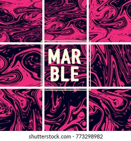 Marble Texture Set. Pink Magenta, Black Ink Wash Texture. Japanese Suminagashi Painting. Asian Background. Acrylic Design, Marble Texture Background Set. Retro Vintage Cool Pattern