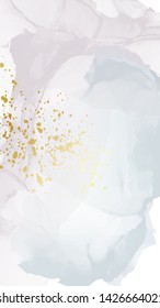 Marble texture. Tender grey blue gold foil background. Abstract social media shape with acrylic alcohol ink and golden glitter luxury design