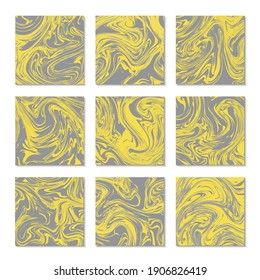 Marble texture vector backgrounds set of 9. Trendy colors of 2021 year – Ultimate gray and Illuminating yellow. Liquid effect backdrop. Imitations of alcohol ink. Marbling surface. 