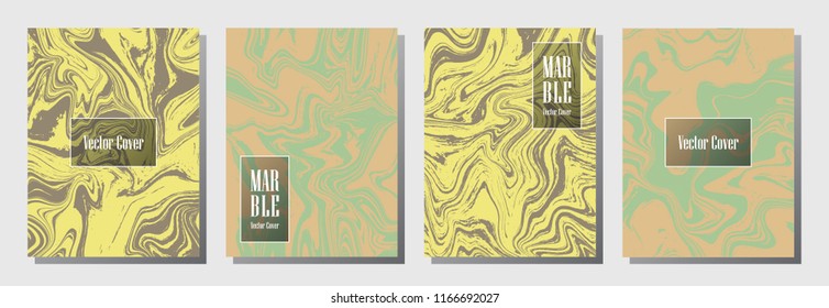 Marble texture vector invitation or journal template. Fluid marble suminagashi or ebru effect, watercolor, oil or paint splashes texture background. Business covers vector set.