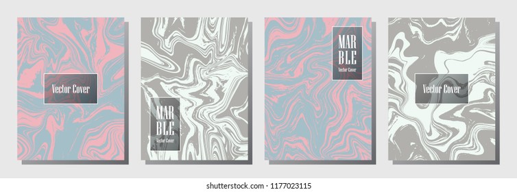 Marble texture vector invitation or journal templates set. Colorful marble suminagashi or ebru effect, watercolor, oil or paint splashes texture background. Trendy covers vector collection.