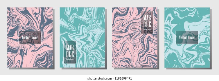 Marble texture vector invitation or journal templates set. Retro marble suminagashi or ebru effect, watercolor, oil or paint splashes texture background. Journal layouts, invitations set.