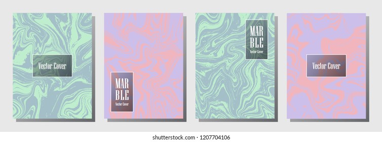 Marble texture vector invitation or journal templates set. Trendy marble suminagashi or ebru effect, watercolor, oil or paint splashes texture background. Trendy covers vector set.