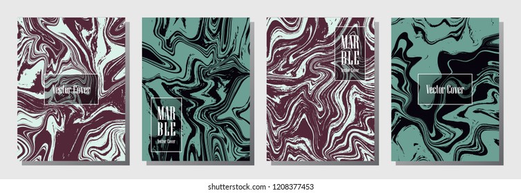 Marble texture vector invitation or journal template. Memphis marble suminagashi or ebru effect, watercolor, oil or paint splashes texture background. Journal cover layouts set.