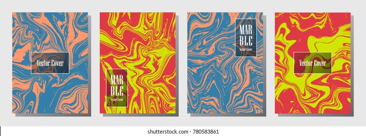 Marble texture vector invitation or journal templates set. Rich marble suminagashi or ebru effect, watercolor, oil or paint splashes texture background. Vector journal covers.
