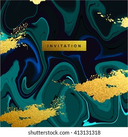 Marble textured wedding invitation card vector template with blue, ocean green and glittering gold liquid acrylic drips on black background. Paint vortexes and whirl texture with marble imitation.