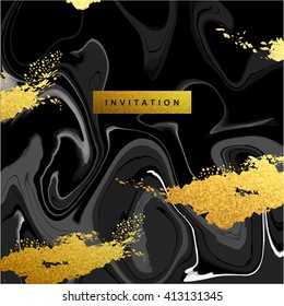 Marble textured wedding invitation card vector template  with white and glittering gold liquid acrylic drips on black background. Paint vortexes and whirl texture with marble imitation.