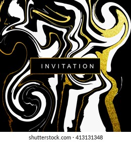 Marble textured wedding invitation card vector template  with white and glittering gold liquid acrylic drips on black background. Paint vortexes and whirl texture with marble imitation.