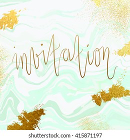 Marble textured wedding invitation card vector template with blue, grey and glittering gold liquid acrylic drips on white background. Paint waves, vortexes and stardust texture with stone imitation.