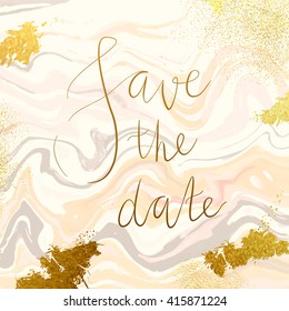 Marble textured wedding invitation card vector template with  peach pink and glittering gold liquid acrylic drips on white background. Paint waves, vortexes and stardust texture with stone imitation.