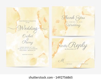 Marble textured wedding invitation template set. Luxury fluid background with golden brush splash. Pink gold foil decorative design vector