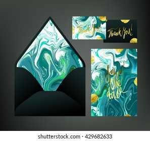 Marble textured wedding print set. Invitation cards and envelope vector templates with sea blue and ocean green liquid acrylic drips. Hand written glitter gold blots and calligraphy elements.