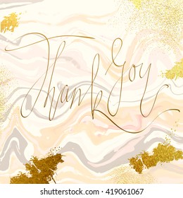 Marble textured wedding "thank you" card vector template with peach pink and glittering gold liquid acrylic drips on white background. Paint waves, vortexes and stardust texture with stone imitation.