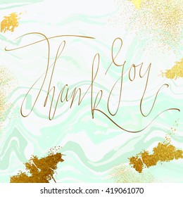 Marble textured wedding "thank you" card vector template with blue and glittering gold liquid acrylic drips on white background. Paint waves, vortexes and stardust texture with stone imitation.