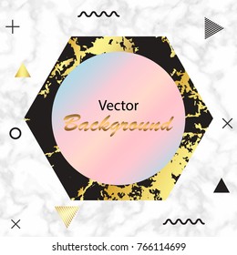 Marble textures with memphis style backgrounds, golden, colorful gradient geometric patterns. 80s retro minimalistic style vector illustrations for posters, placards, banners, covers and brochures.